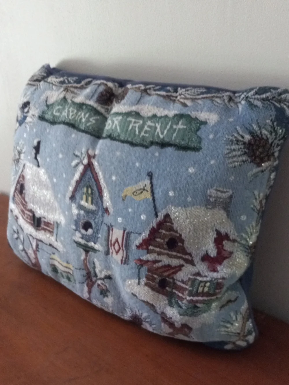 Winter Birdhouse Cabin Tapestry Throw Pillow - Light Blue Snow Scene